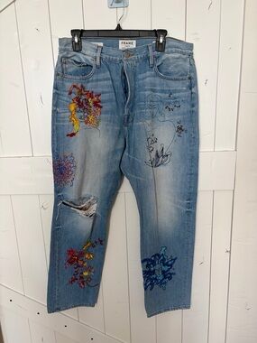 Frame Denim Light Blue Straight Leg Jeans with Pink & Purple Floral Embroidery